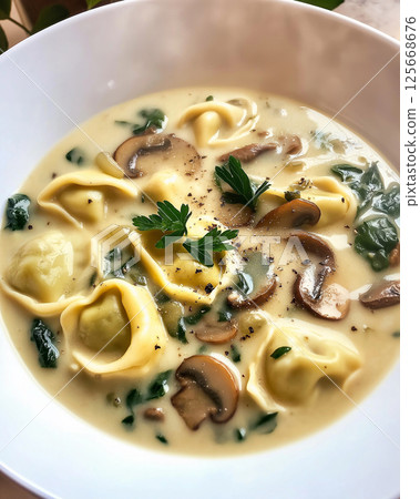 Delicious tortellini soup with mushrooms, creamy spinach, and parsley in a gourmet italian dish 125668676