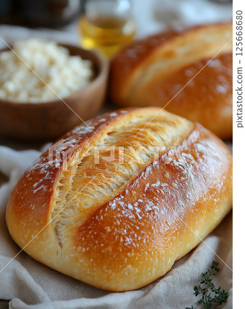 Freshly baked golden bread with a crusty artisan texture in a homemade kitchen setting Freshly baked golden bread with a crusty artisan texture in a homemade kitchen setting 125668680