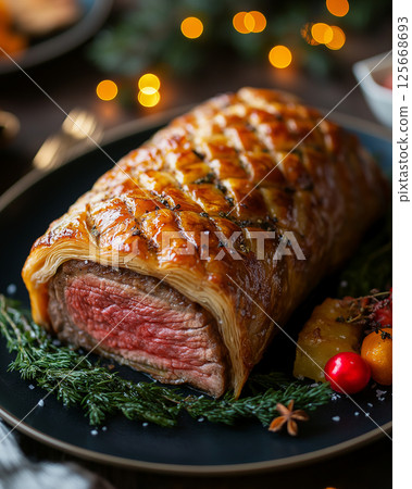 Gourmet beef dinner with roasted meat and crispy herbs, perfect for a festive holiday meal 125668693
