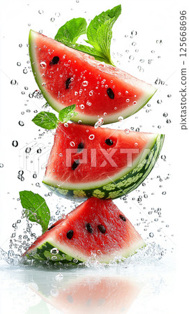 Refreshing watermelon splash with mint, juicy fruit and vibrant bubbles, perfect for summer 125668696