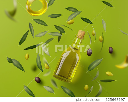 Green olive oil bottle with leaves, featuring organic glass, healthy natural design 125668697