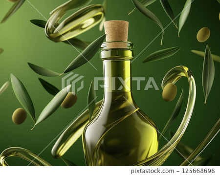Olive oil in a green glass bottle with fresh leaves and cork, showcasing liquid essence 125668698
