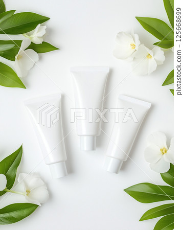 Skincare cosmetics tubes with white flowers and green leaves for beauty and fresh look 125668699