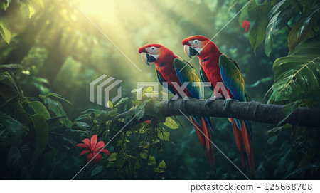 Macaw parrots in jungle rainforest showcasing vibrant wildlife and tropical nature scenery 125668708