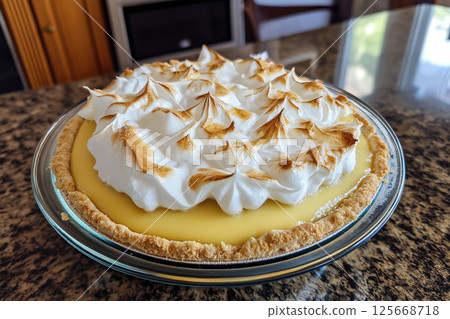 Delicious homemade meringue pie with lemon, perfect for a sweet baking pastry treat. 125668718