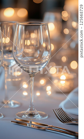 Elegant dinner table with wine glass, sparkle and bokeh for a luxury celebration Elegant dinner table with wine glass, sparkle and bokeh for a luxury celebration 125668729