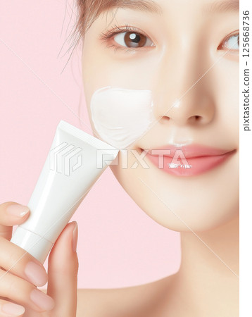 Skincare beauty cream application on face with cosmetic moisturizer for smooth glowing skin 125668736