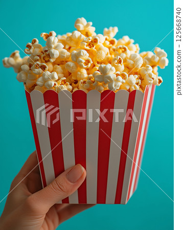 Hand holding a striped popcorn bucket filled with delicious, crispy movie popcorn for snack time Hand holding a striped popcorn bucket filled with delicious, crispy movie popcorn for snack time 125668740