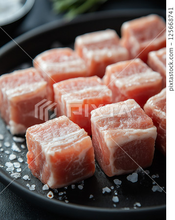 Fresh raw pork cubes with salt on black plate - perfect for gourmet cooking and delicious meals Fresh raw pork cubes with salt on black plate - perfect for gourmet cooking and delicious meals 125668741