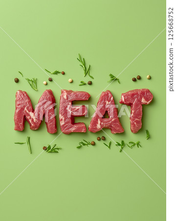 Fresh meat on green background with herbs, perfect protein source and delicious ingredient Fresh meat on green background with herbs, perfect protein source and delicious ingredient 125668752