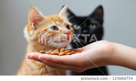 Adorable tabby cat and black kitten feeding with love, showcasing pets and feline companionship 125668754
