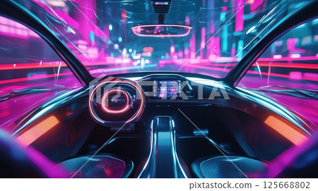 一輛未來派汽車駛過霓虹城市的內部景觀 125668802