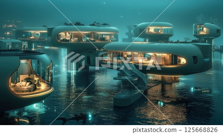 沐浴在藍光中的未來漂浮城市的生活 沐浴在藍光中的未來漂浮城市的生活 125668826