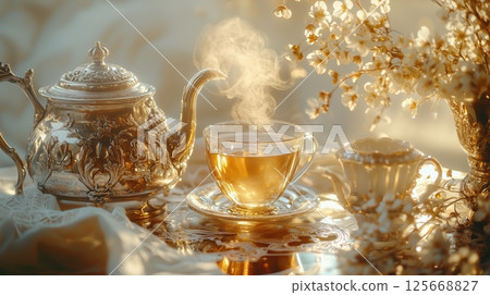 Enjoy elegant tea time with a silver tea set and aromatic fragrance 125668827