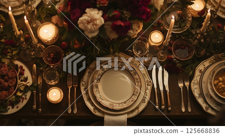 A warm candlelit dinner table 125668836