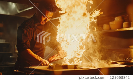 Professional teppanyaki techniques using flames to cook the food Professional teppanyaki techniques using flames to cook the food 125668841