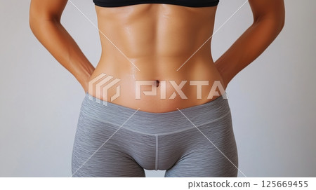 Close-up of stomach of young woman with abs and perfect waist in sports top and leggings. 125669455