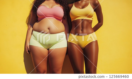 Plump woman with folds on stomach stands next to a slim woman with perfect waist abs and tanned skin 125669460