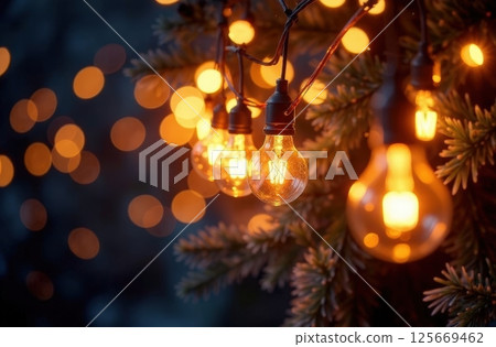festive abstract Christmas background, many light bulbs hanging in waves, glowing with golden bokeh lights festive abstract Christmas background, many light bulbs hanging in waves, glowing with golden bokeh lights 125669462