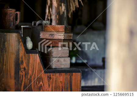 Scenery of wooden boxes stacked in an old house on Ishigaki Island Scenery of wooden boxes stacked in an old house on Ishigaki Island 125669515