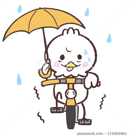 Illustration of a white bird riding a bicycle with an umbrella on a rainy day 125669962