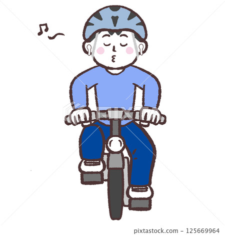 Front view illustration of a man riding a bicycle while wearing earphones 125669964