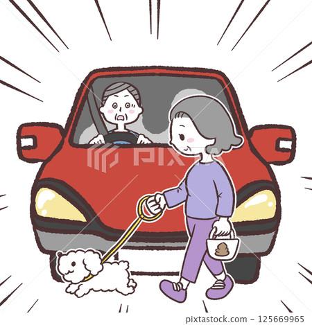 一輛即將撞到一位老年婦女的汽車的插圖 125669965