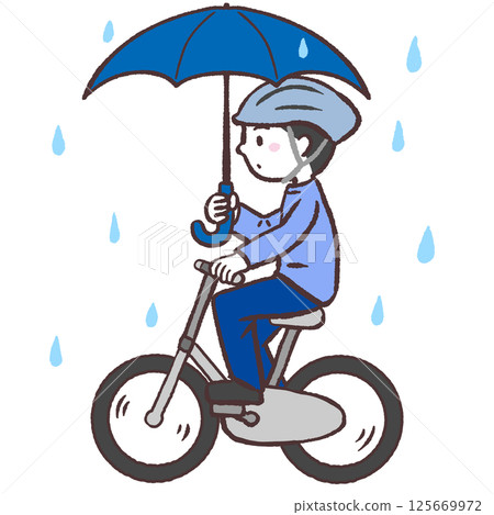 Sideways illustration of a man driving with an umbrella 125669972