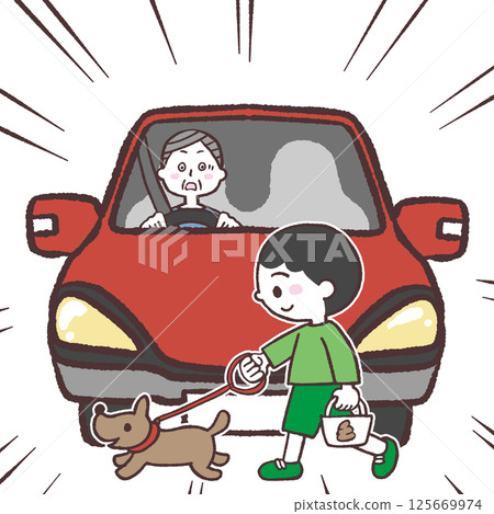 一個男孩和一輛即將相撞的汽車的插圖 125669974