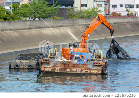 Civil engineering works for riverbank flood control measures 125670236