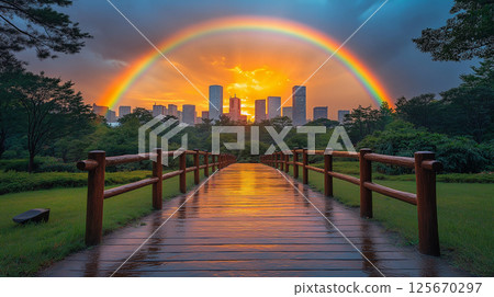 Skyscraper and rainbow 125670297