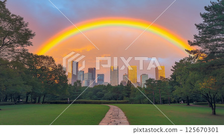 Skyscraper and rainbow 125670301