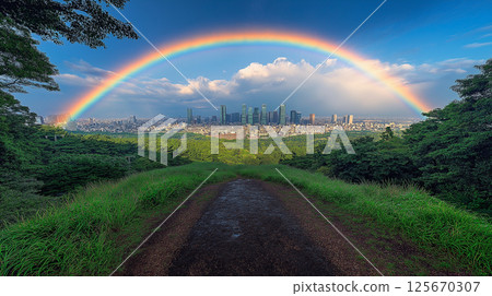 Skyscraper and rainbow 125670307