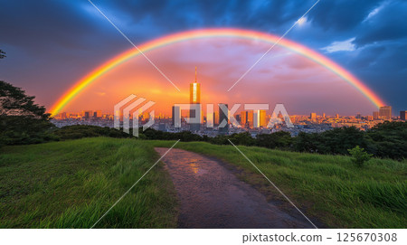 Skyscraper and rainbow 125670308