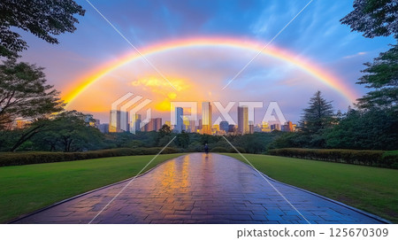 Skyscraper and rainbow 125670309