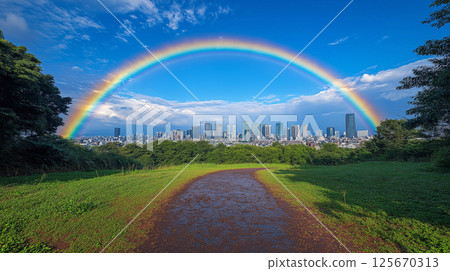 Skyscraper and rainbow 125670313