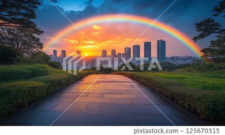 Skyscraper and rainbow 125670315