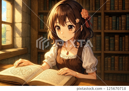 A calming illustration of a girl learning magical knowledge in a library in another world A calming illustration of a girl learning magical knowledge in a library in another world 125670718