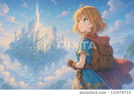 夢幻般的幻想插圖,一位旅行女孩凝視著天空中漂浮的王國 夢幻般的幻想插圖,一位旅行女孩凝視著天空中漂浮的王國 125670719