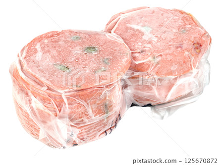 closeup frozen sausage bologna in plastic bag with ice crystals isolated. closeup frozen sausage bologna in plastic bag with ice crystals isolated. 125670872