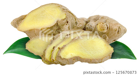 raw fresh ginger root and leaves isolated. raw fresh ginger root and leaves isolated. 125670873