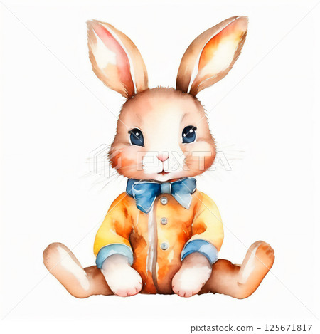 Watercolor illustration of cute baby rabbit with soft strokes and pastel colors isolated on white background. Watercolor illustration of cute baby rabbit with soft strokes and pastel colors isolated on white background. 125671817
