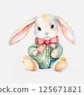 Watercolor illustration of cute baby rabbit with soft strokes and pastel colors isolated on white background. 125671821