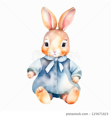 Watercolor illustration of cute baby rabbit with soft strokes and pastel colors isolated on white background. 125671823