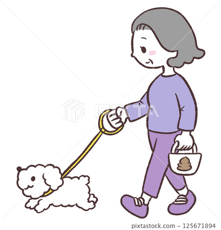 一位老年婦女遛狗的插圖 125671894