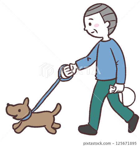 一位老人遛狗的插圖 125671895