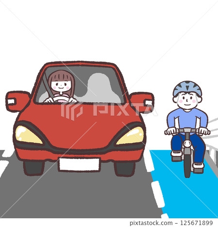 一位女司機在自行車旁行駛的插圖 125671899