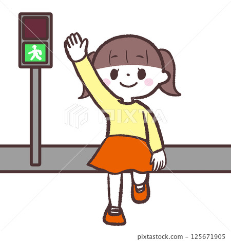 一個女孩舉手過馬路的插圖 125671905