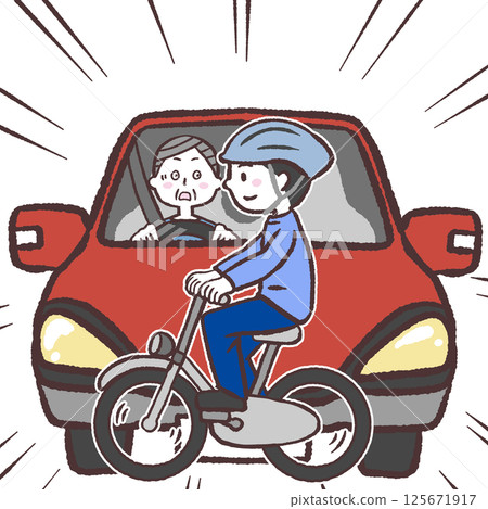 Illustration of an elderly driver who is likely to have an accident with a bicycle 125671917