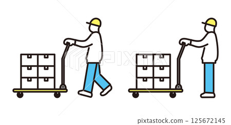 Simple illustration Vector illustration of a profile of a delivery man carrying a package on a cart Simple illustration Vector illustration of a profile of a delivery man carrying a package on a cart 125672145